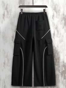 Men's Black Cargo Pants With White Stripes, Loose Fit Casual Trousers - Black - View 5