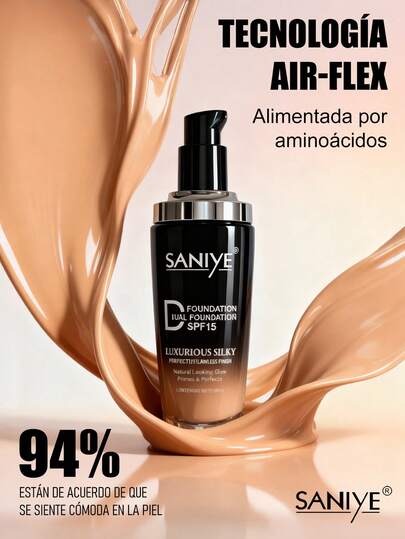 SANIYE Base líquida FPS 15: Opción elegante que crea un acabado suave y delicado. Perfecta para los profesionales exigentes, su textura mate y aterciopelada se aplica con facilidad, proporcionando un maquillaje de larga duración, sin manchas y resistente al agua y al sudor