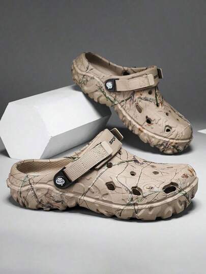 1 双男士轻便舒适网眼木屐，镂空防滑花园鞋，休闲户外防滑厚底沙滩凉鞋/人字拖，图案随机