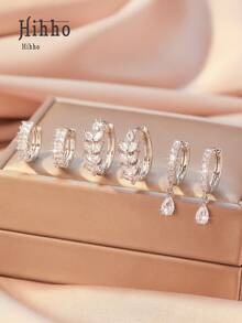 Hihho 3 Paar/Set elegante Blumen- & Blatt-Zirkonia-Ohrstecker, klassisches Design minimalistischer Luxus-Ohrringset, geeignet für tägliches Layering oder einzelnes Tragen, perfektes Geschenk für Freunde - Silber - Übersicht 8