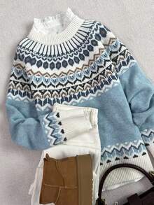 女士秋冬时尚舒适几何费尔岛图案圆领宽松针织套头毛衣 - 藍色 - 查看 4