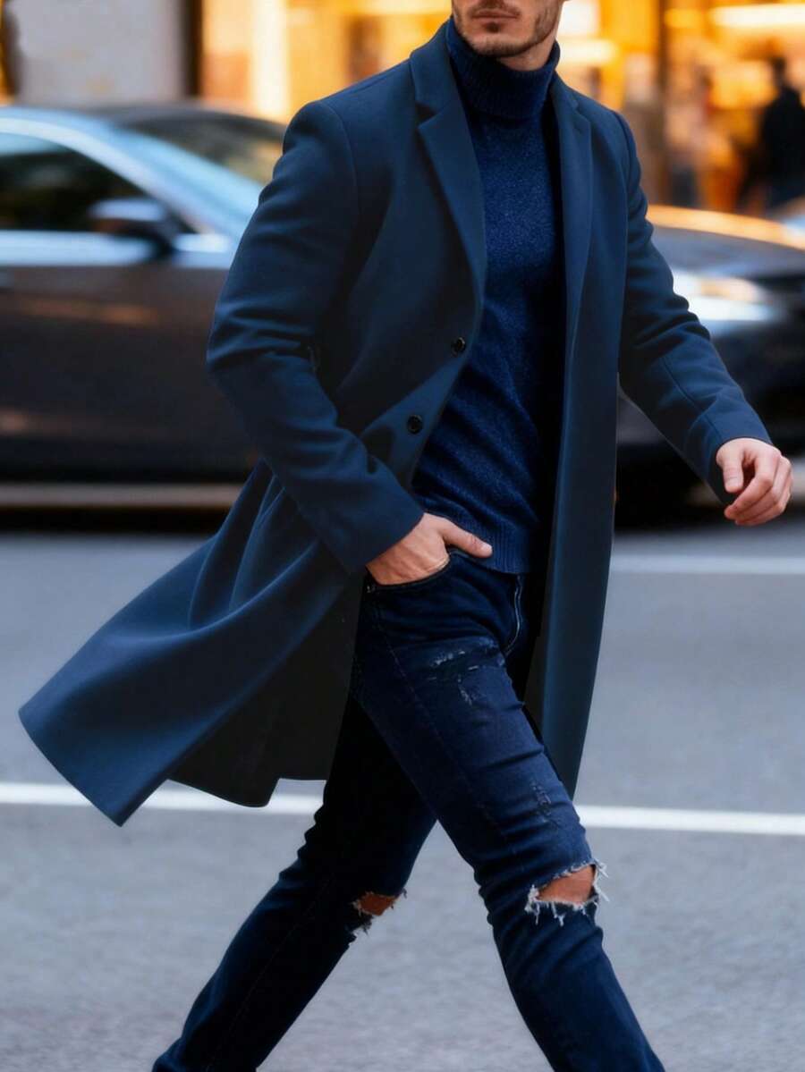 男士休闲宽松纯色经典翻领长袖中长款外套，秋冬季必备单品，适合户外活动和各种场合穿着。
