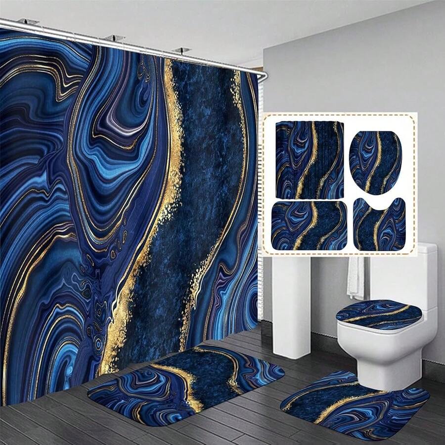 4 Pcs Blue Marble Shower Curtain Sets With Rugs Gold Bathroom Sets With Shower Curtain And Rugs Modern Abstract Bathroom Decor Accessories Shower Curtains For Bathroom Toilet Lid Cover{Inchcolor_nameinch:InchBlueGoldinch} - BlueGold - 查看 1