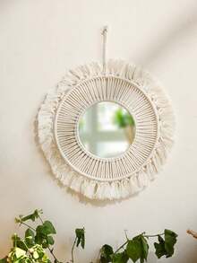 1pc Boho Style Handmade Wooden Bead Woven Wall Hanging Tassel Mirror Decor, Bedroom Home Living Room Entryway Wall Art, Gift For Friends, Wedding - Beige - View 10