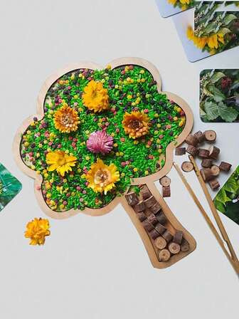 A Handmade Wooden Texture Embossing Tray Suitable For Children Aged 3 And Above (Suitable For Both Boys And Girls). This Is A Tabletop Embossing Game With Various Flower And Tree Patterns In Different Shapes. It Is A Decorative Embossing Toy For Parent-Child Interaction, An Interactive Wooden Tray Toy For Art And Craft Decoration