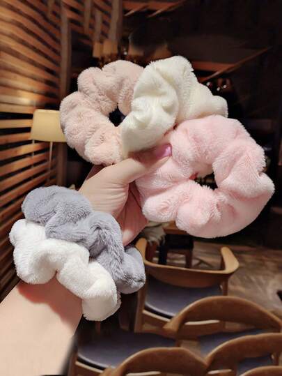 5/8 件套毛绒发圈 - 超柔软不伤发，柔和中性色（粉色、白色、灰色、米色）适合冬季马尾辫、发髻、辫子 - 温和呵护敏感头皮