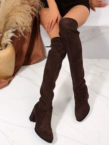 FVPFVP 女士尖头过膝弹力紧身仿麂皮高跟黑色靴子，适合秋冬季节，粗跟 - 咖啡棕 - 查看 7