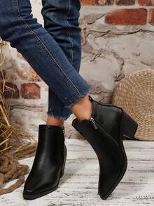 Fall/Winter Women's Fashion Chunky Heel Simple Side Zipper Plus Size Boots, Western Style Side Zipper Rhinestone Decor, Holiday - Black - View 7