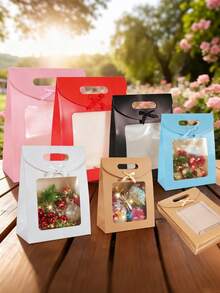 8个白色牛皮纸袋，带透明窗口，直立礼品袋，散装，带手柄，纸质礼品袋，白色购物袋，蝴蝶结礼品包装袋，适用于婚礼、新娘送礼会、生日、节日、圣诞派对、零售店，棕色