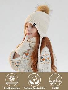 Bộ 4 mũ, khăn quàng cổ và găng tay mùa đông cho trẻ em, mũ len đan có tua rua cho bé gái mới biết đi, găng tay không ngón và khăn quàng cổ giữ ấm, lót len, phù hợp cho cả bé trai và bé gái - 4 CÁI - Xem 5