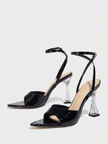 女士高跟穆勒凉鞋，尖头，可调节踝带，透明鞋跟，纯色，石材纹理，舒适材质，适合春夏季派对、旅行、郊游、庆典、通勤等场合，优雅奢华，神秘精致，黑色高跟凉鞋 - 黑色 - 查看 5