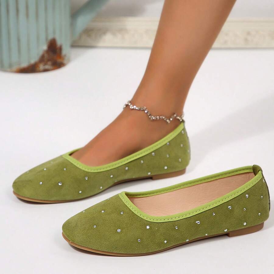 Women's Fashion Soft Bottom Commuter Flats, New Spring/Autumn French Versatile Round Toe Crystal Low Vamp Flat Shoes, Mother Shoes, Work Shoes