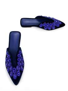 Women's Luxurious Fully Rhinestone & Gemstone Decorated Navy Blue Velvet Pointed Toe U-Shaped Vamp Comfortable Flat Mule Shoes, Suitable For Daily Wear And Parties,Mothers Day Gift - Royal Blue - View 4