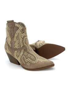 Women's Western Style Rhinestone Embellished Mid-Calf Boots - Khaki - View 2