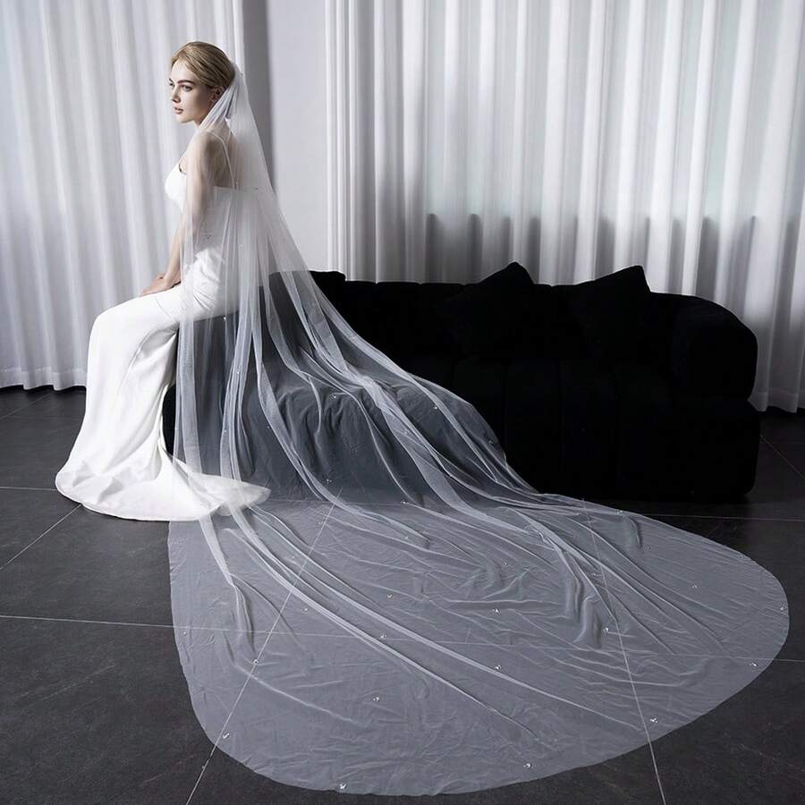 1件装新娘水晶头纱，长款闪亮新娘头纱，适用于婚礼摄影，梦幻新娘头纱 - 白色 - 查看 1