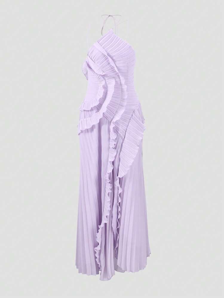 Vestido midi de línea A con volantes en el bajo, sin mangas y con espalda descubierta, adecuado para fiestas, salidas nocturnas y verano elegante - Morado - Añade 5