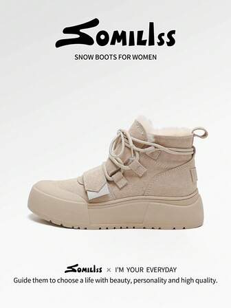 somiliss 1 Pair Casual Sporty Apricot Leather Suede Lining Anti-Slip Women's Snow Boots, Lace-Up Thick Sole Versatile Walking Shoes, Outdoor Skiing High-Top Warm Lined Boots, 2025 Winter New Arrival
