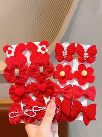 1 Card (8pcs) Kids Christmas Red Flower Rabbit Bow Crown Hair Clips, Festive Headwear For Little Girls Bangs, Suitable For Party And Holiday Wear