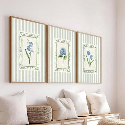 1/3 peças Pôster em Tela Sem Moldura com Flor de Tulipa e Hortênsia Azul, Listras Verdes, Estilo Boho Botânico Floral Grandmillennial, Impressão de Arte de Parede, Decoração Minimalista com Estética Campestre Francesa, Pintura para Apartamento, Sala de Estar, Quarto, Decoração Moderna para Casa
