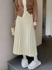 厚羊毛褶裥A字裙，高腰显瘦，秋冬新款春季款 - 杏色 - 查看 6