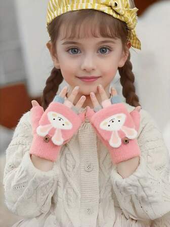 זוג אחד של כפפות ללא אצבעות לילדים, כפפות חורף עבות לסרוגות חצי אצבע עם כיסוי נפתח מצויר לבנות