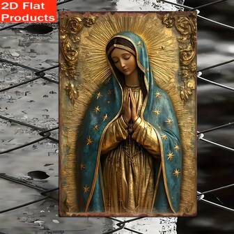 1 pieza Placa de pared de arte de hierro vintage de la Virgen de Guadalupe - Placa de hierro español retro con halo dorado y estrellas, diseño de borde en relieve, adecuado para el hogar, la iglesia, la granja o la decoración de la cueva del hombre, decoración del hogar español, regalo decorativo encantador, sin cuerda de suspensión incluida, agujeros previamente perforados