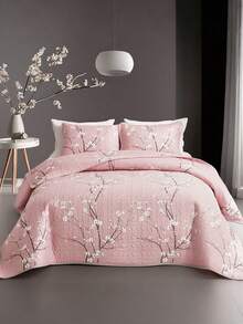 2/3PCS Multicolour Tree Branch Plum Blossom Quilted Quilt, 1pc Quilted Quilt+ 1/2 Pcs Pillowcases, Soft Breathable Comfortable Portability Hypoallergenic Machine Washable Bed Cover Bedding Room Decor, Twin/ Queen/ King Size Fabric Square Weight: 200-250 G/㎡ - 粉色 - 查看 4
