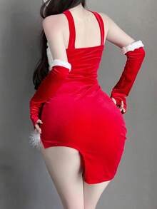 3件装毛绒边饰兔子服装，含手套和项链，圣诞节 - 紅色 - 查看 6