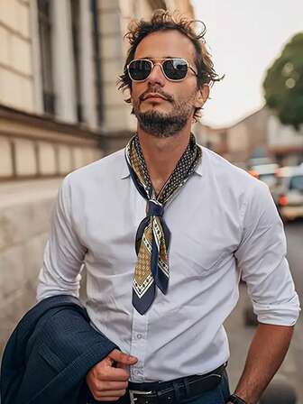 1pc Vintage Silk Square Scarf - Navy Blue And Gold Grid Pattern, Retro Texture, Perfect For Men's Silk Handkerchief Or Geometric Headband, Fashion Headwear Accessory, Headband Accessory | Vintage Scarf | Silk Surface, Bandana