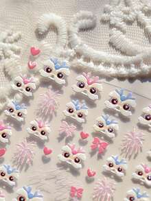 1片烟花觉醒狮子浮雕粉色狮头蝴蝶结爱心美甲贴纸，节日中国新年美甲贴纸，吉祥庆祝美甲贴纸，适合短指甲和长指甲，自粘美甲装饰 - 彩色 - 查看 3