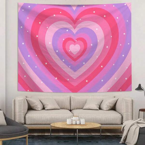 1pc Pink Heart Pattern Textile Wall Hanging With 3 Wall Nails And 2 Clips, Printed Rectangular Decorative Wall Tapestry With Drape Effect For Living Room, Bedroom, Kitchen