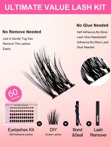 60pcs C-Curl Self-Adhesive Individual Lashes Set, 8-16mm, Cat Eye Effect, DIY Eyelash Extension Kit With Tweezers And Lash Curler, No Glue Needed, Segment Lashes, Pointed Tip Lash Extensions - 黑色 - 查看 4