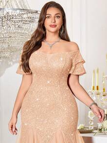 Plus Size Off-Shoulder Ruffle Sleeve Sequin Floral Lace Contrast Mesh Ruffle Hem Evening Long Dress, Wedding Guest Dress, Suitable For Birthday, Graduation Ceremony - Champagne - View 7