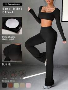 Conjunto deportivo de dos piezas para mujer Aoqta, adecuado para correr, ejercicio, fitness y yoga, con camiseta de manga larga con cuello cuadrado y pantalón corto, para otoño/invierno