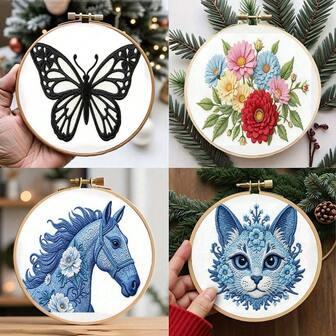 4 piezas Kit de bordado para principiantes, incluye aro de bordado, hilos, agujas e instrucciones, juego decorativo de punto de cruz con patrón floral, 20x18.5cm, regalo ideal para Halloween, Acción de Gracias, San Valentín, Navidad, cumpleaños