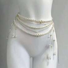 1 Piece Of Fairy Waist Chain, Layered Tassel Flowers Pearl Belt, Niche Design Waist Decoration, Light Luxury Jewelry, Women's Party Banquet Holiday, Valentine's Day Idea, Versatile Body Chain, Elegant Statement Accessory - 花式 - 查看 1