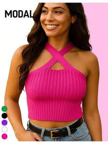 Cropped Top Feminino Tricot Canelado Frente Única com Alças Cruzadas e Recorte Vazado Justo Blusa Curta Casual Verão Festa - Pink - Visão 1