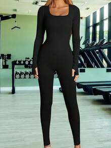 Mujeres basic yoga running alto estiramiento deporte jumpsuit - Negro - Ver 3