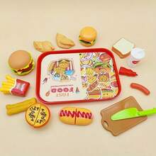 Kitchen Playset, Pretend Delicious Hamburger, Hot Dog, French Fries, Breakfast Set, Cutting Toys, Role Play Food Simulation Toy Set, Random Color Accessories, Great Gift For Holidays