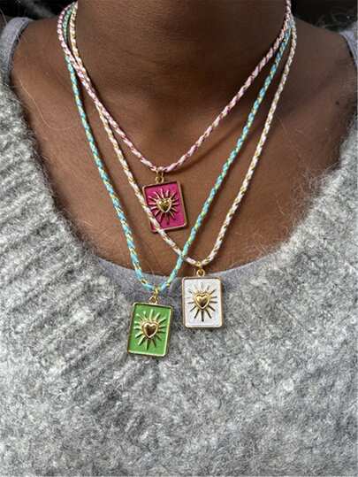 Minimalist Colorful Geometric Tarot Card Pendant Necklace With Braided Cord For Women