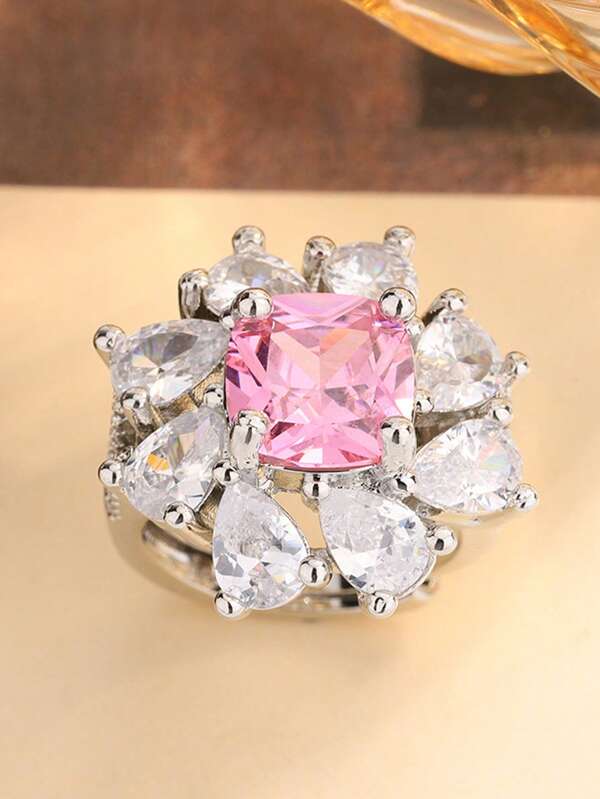 خاتم زركونيا مربع وردي أنيق وعاطفي للنساء