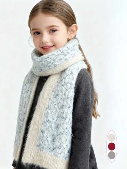 1pc Thick Knitted Fringed Scarf For Kids, Fashionable Korean Style Warm Scarf For Girls And Students, Suitable For Older Children, Outdoor Winter Neck Warmer
