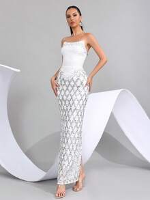 Đầm maxi ôm sát gợi cảm, hở vai, không tay, phối lưới xuyên thấu, đính hạt cườm thủ công sang trọng, thích hợp cho khách dự đám cưới, phù dâu, tiệc trang trọng, tiệc lễ hội. - trắng - Xem 4