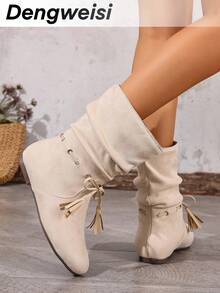 بوت نسائية بيج مطوية بشراشيب منتصف الساق، أنيقة متعددة الاستخدامات للارتداء اليومي والعطلات، ذات أصابع قدم مستديرة مسطحة، موضة خريف/شتاء - بيج - مشاهدة 6