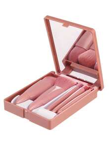 5pcs Mini Mirror Case Makeup Brush Set - Ultra Soft Eyeshadow/Blush/Powder Brushes, Portable Travel Storage Box With Mirror, All-In-One Makeup Essentials For Women, Easy To Clean