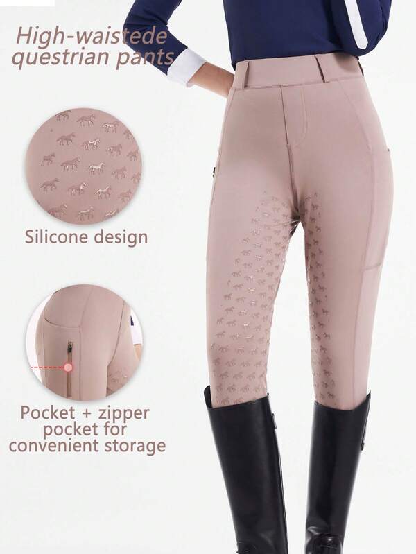 Calças femininas de cintura alta para equitação, assento completo de silicone, estampa de cavalo, controle firme da barriga, calças de equitação slim fit com cós elástico, bolsos laterais duplos, calças esportivas para equitação