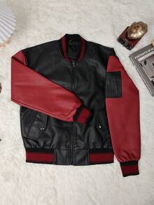 Apperloth A Chaqueta bomber vintage de contraste de color de PU con cremallera, cuello de béisbol y hombros caídos para festivales de música punk