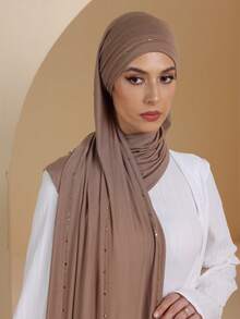 1 buah Jilbab Wanita Polos Bahan Jersey Lembut, Dekorasi Rhinestone, Jilbab Panjang Kasual Gaya Arab, Warna Solid Konservatif, Cocok untuk Penggunaan Sehari-hari dan Sebagai Pelengkap Pakaian - Chocolate Brown - View 3
