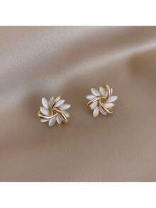 New S925 Silver Needle Cat's Eye Stone French Petal Earrings For Women Simple Elegant Niche High-End Sense Earrings - 花瓣 - 查看 6