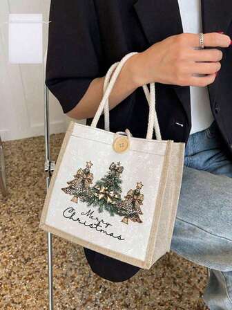 Christmas Print Linen Tote Bag, Reusable Printed Women'S Tote Bag, Double Handle Shopping School Bag, Large Capacity Shoulder Bag, Casual Tote Bag, Christmas Storage Bag, Suitable For Commuting, School And Shopping, Convenient For Outdoor Use, Gift For Friends And Besties, Teacher Gift, Perfect Choice For Vacation And Festival